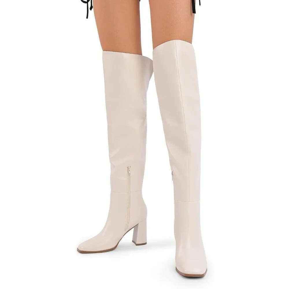 Women's White Faux Leather Thigh High Block Chunky Heeled Knee High Long Boots